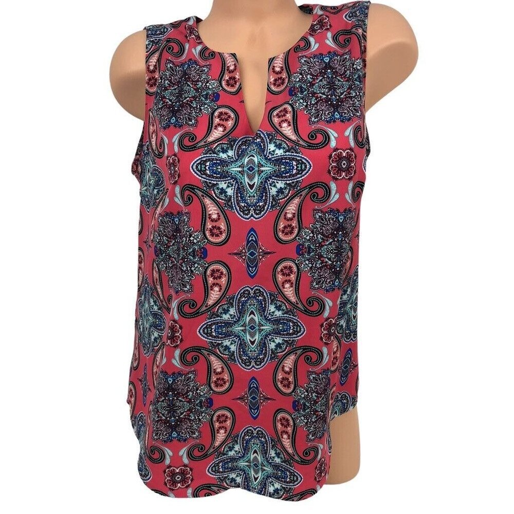 Verse Geometric Paisley Printed Top Sleeveless V-Neck Boho Multicolor Blouse L